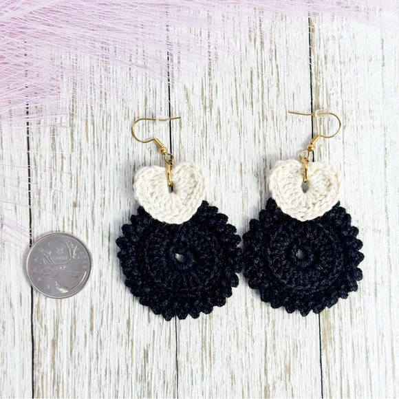 Elegant Black and Cream Handmade Crochet Earrings - Picture 2 of 4